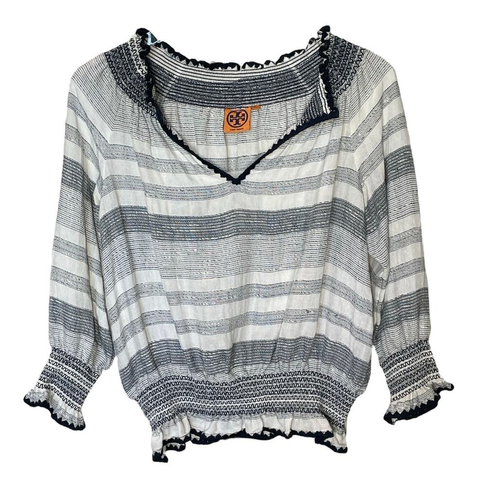 Tory Burch Smocked Striped Peasant Blouse Top Blue White (M)